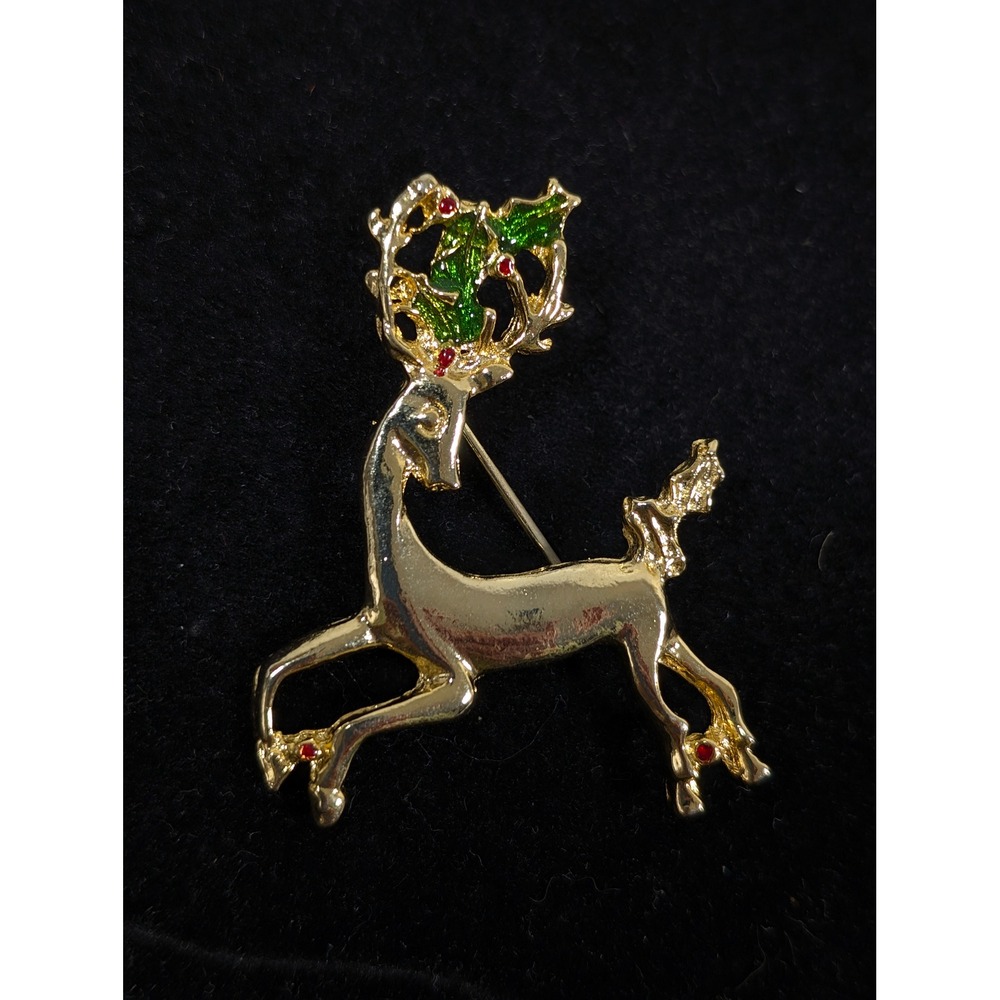 Vintage Reindeer Brooch Gold Tone Rhinestone Christmas Deer Pin